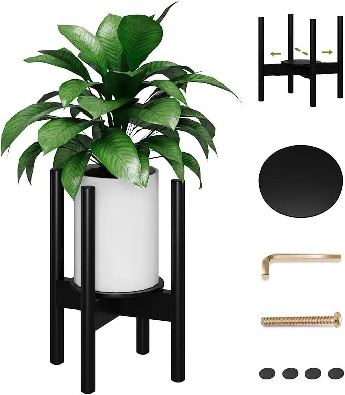 Adjustable Plant Stand, Bamboo Plant Stand Indoor with Tray, Wood Plant Stand for 8 to 12 inches Flower Pots, Single Mid Century Modern Plant Stand for Indoor Plants, Black by GreenHaven Gardens