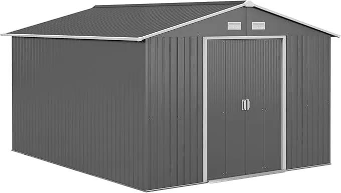 Outsunny 11' x 9' Outdoor Storage Shed, Garden Tool Metal Shed with Foundation Kit, Double Lockable Door, Air Vents and Sloping Roof, for Backyard, Patio, Lawn, Gray by GreenHaven Gardens