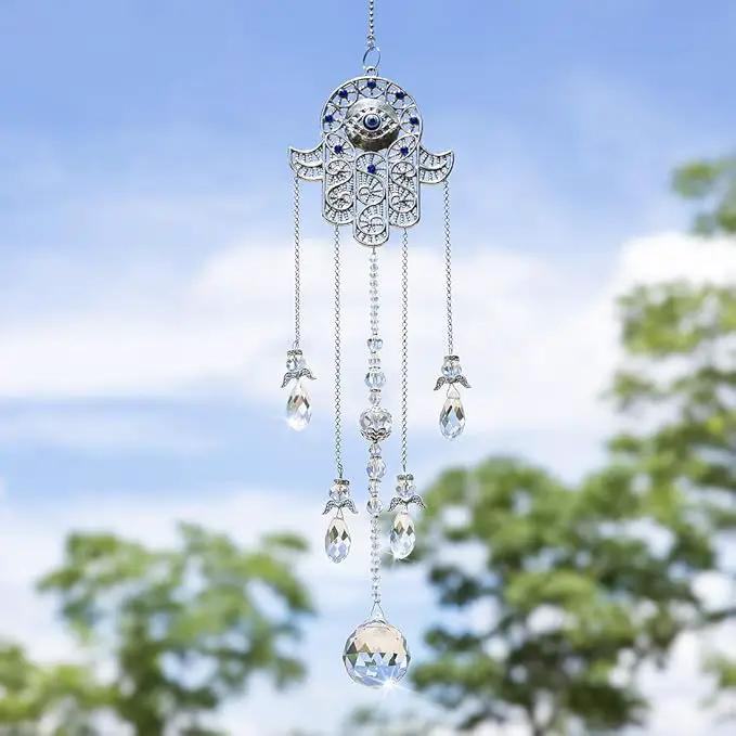 Hanging Crystal Blue Evil Eye Protection Pendant Hamsa Hand Suncatcher Angel Wing Decor Prism Sun Catchers Indoor Window Decoration Charm by GreenHaven Gardens