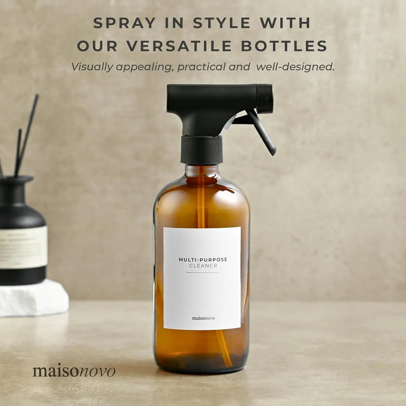 MaisoNovo Glass Spray Bottle - 16.9 fl oz Amber x 2 with 16 Labels by GreenHaven Gardens