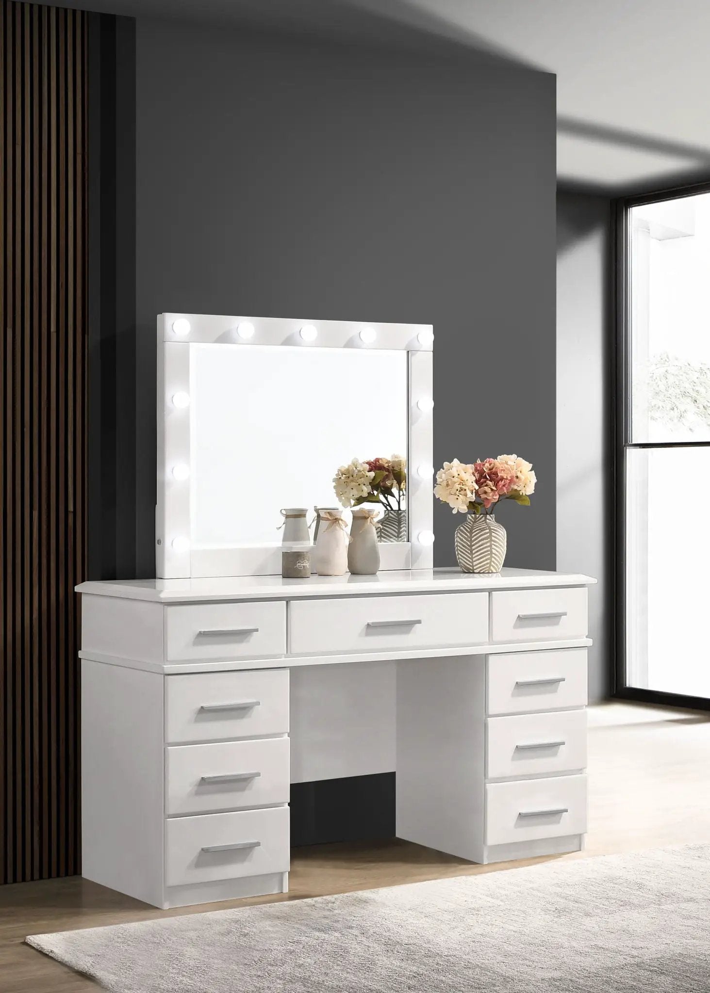 Felicity 9-drawer Vanity Table Lighted Mirror Glossy White by Unique Piece Furniture