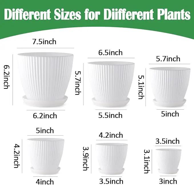 7.5/6.5/5.5/4.9/4.2/3.5 Inch Plant Pots, Plastic Flower Pots with Drainage Holes and Plate, Indoor/Outdoor Plant Planters with Different Size, 6 Pack Durable Pots for Plants, White by GreenHaven Gardens