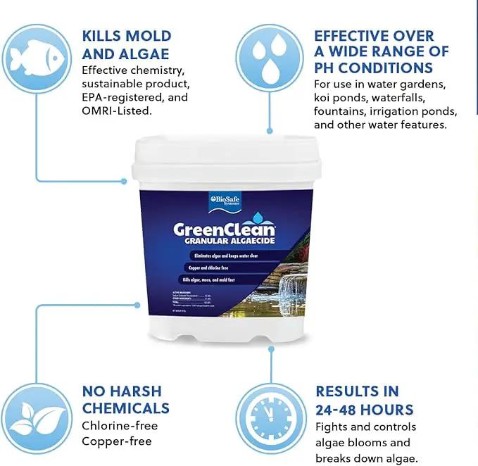 BioSafe Systems 3002-8 GreenClean Granular Algaecide String Algae Control for Koi Ponds, Fountains, Waterfalls, Water Features on Contact, 8 lbs, EPA Registered by GreenHaven Gardens