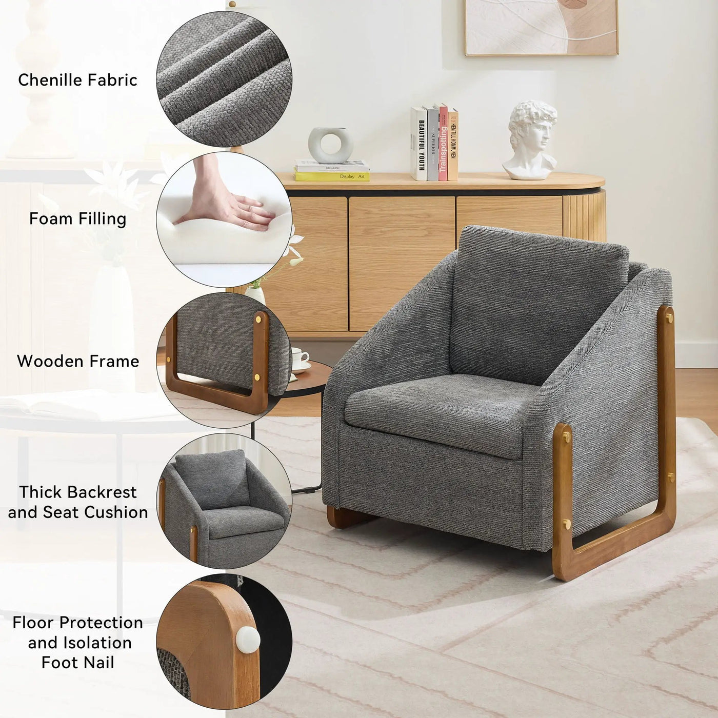 Modern Upholstered Armchair With Wooden Side Frame by Unique Piece Furniture