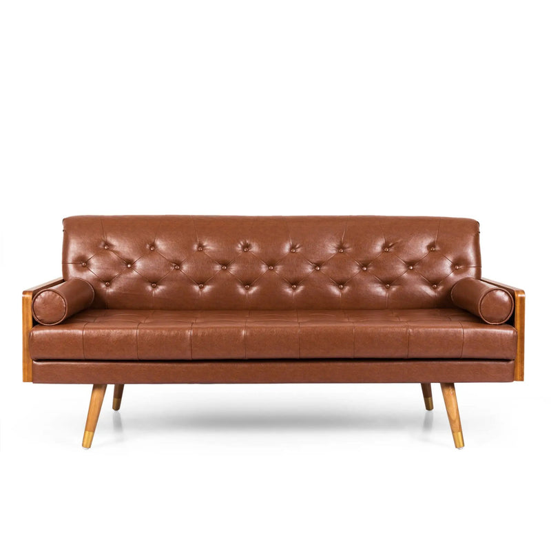Adelaide Mid Century Modern Tufted Sofa With Rolled Accent Pillows - Light Brown by HouseOfZazla