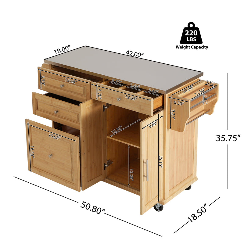 Indoor Bamboo Rolling Kitchen Island with Stainless Steel Top by HouseOfZazla