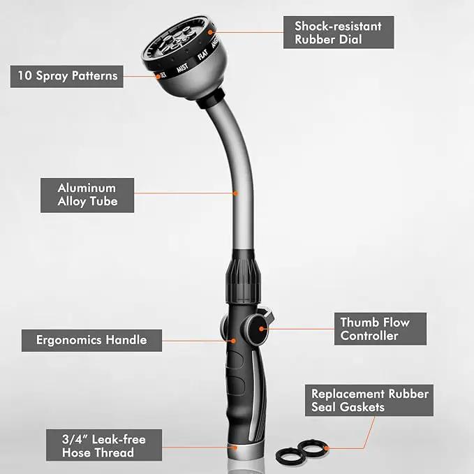 RESTMO Watering Wand Heavy Duty, Metal Garden Hose Wand with Thumb Flow Control, 15-Inch Long Hose Nozzle Sprayer with 10 Spray Patterns, Ideal to Water Hanging Baskets and Shrubs, Silver by GreenHaven Gardens