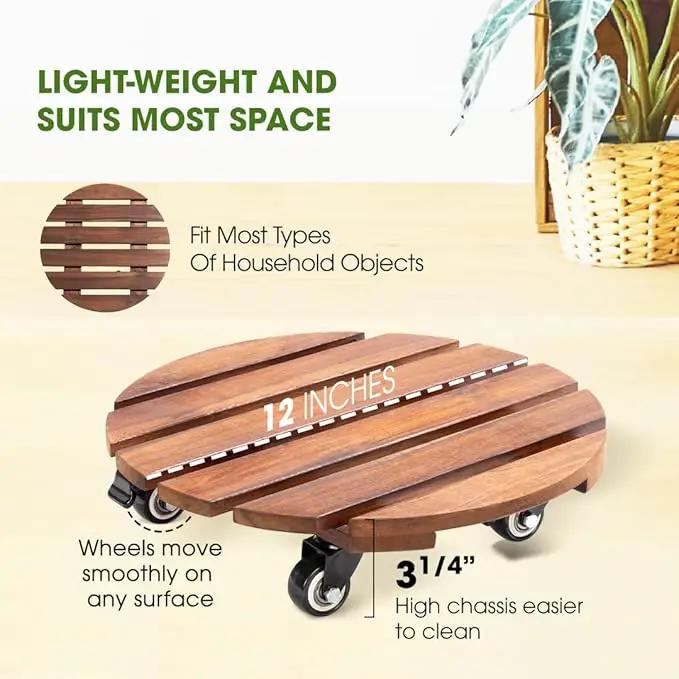 2pack Wood Plant Caddy With Wheels Heavy Duty Red Brown, 264 Lbs Capacity, 12 Inch Acacia Hardwood Plant Dolly, Plant Stand with 360° Lockable Wheels for Plant Pots, Heavy Objects Hauling by GreenHaven Gardens