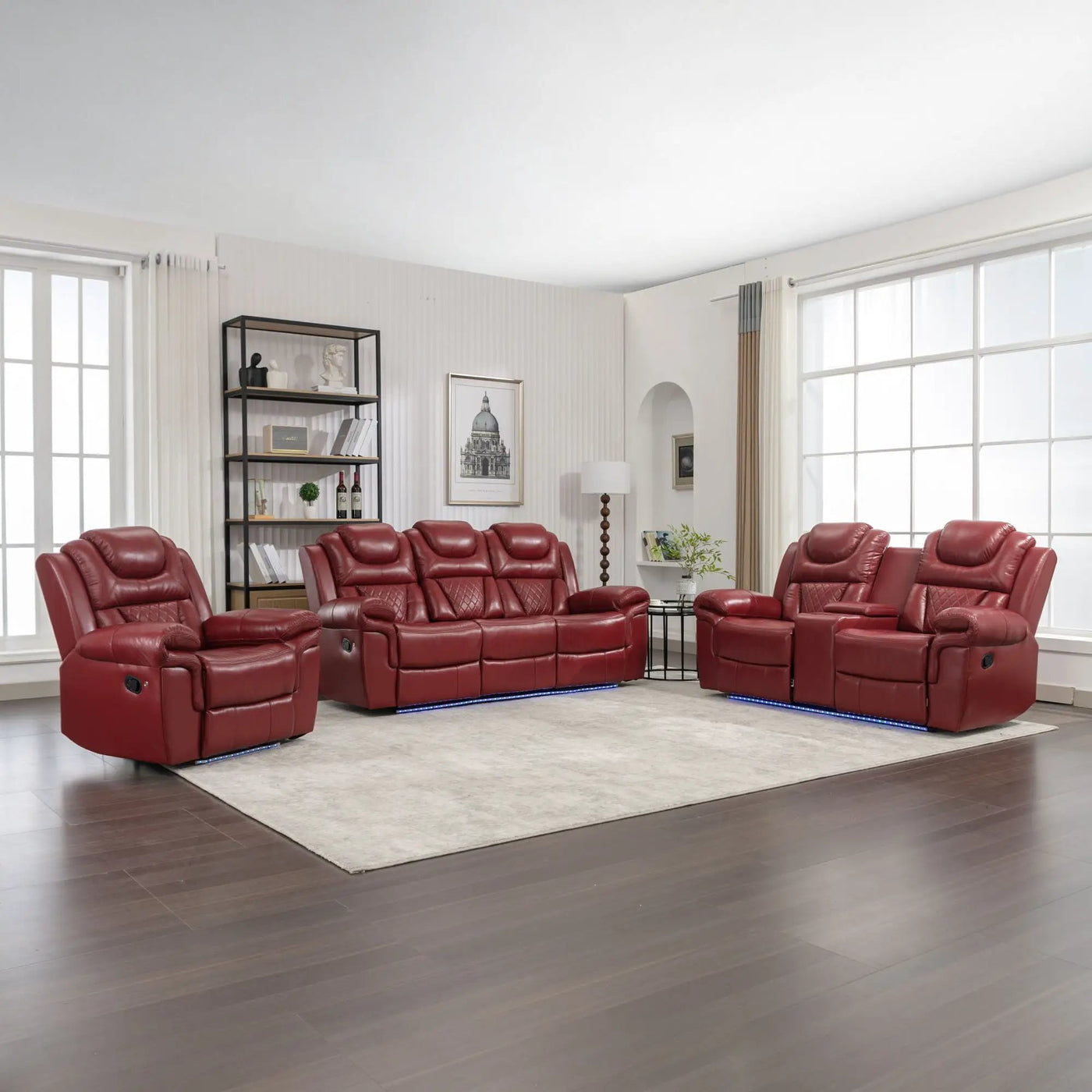 3 Pieces Recliner Sofa Sets Home Theater Seating Manual Recliner Chair With Center Console And LED Light Strip For Living Room by Unique Piece Furniture