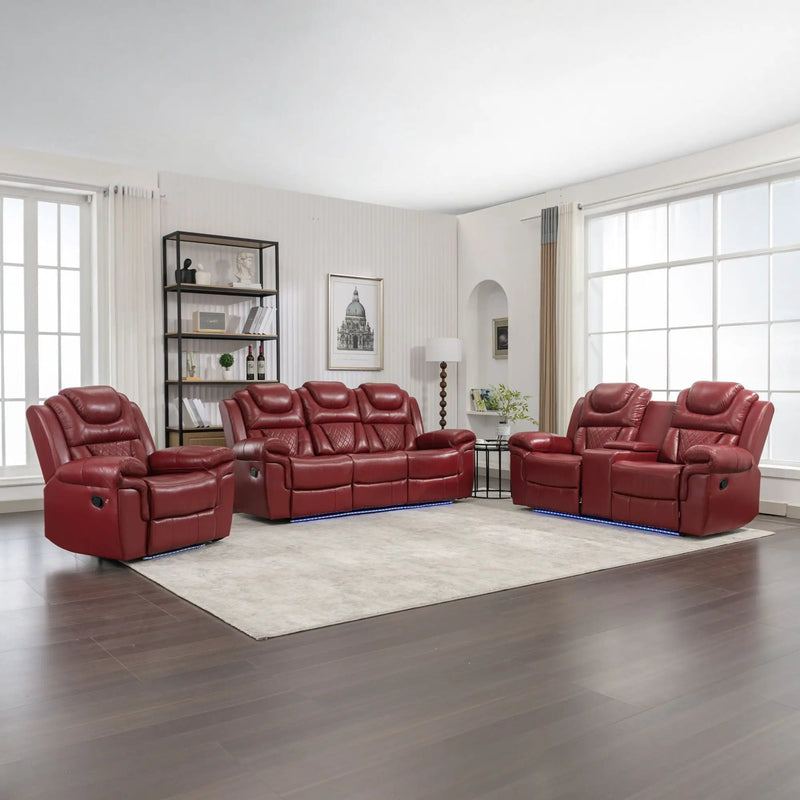 3 Pieces Recliner Sofa Sets Home Theater Seating Manual Recliner Chair With Center Console And LED Light Strip For Living Room by Unique Piece Furniture