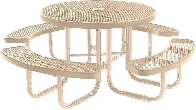 Heavy-Duty Portable Outdoor Picnic Table with Umbrella Hole, Expanded Metal Commercial-Grade Patio Furniture Made in America (46" Round Top, Tan with Tan Frames) by GreenHaven Gardens