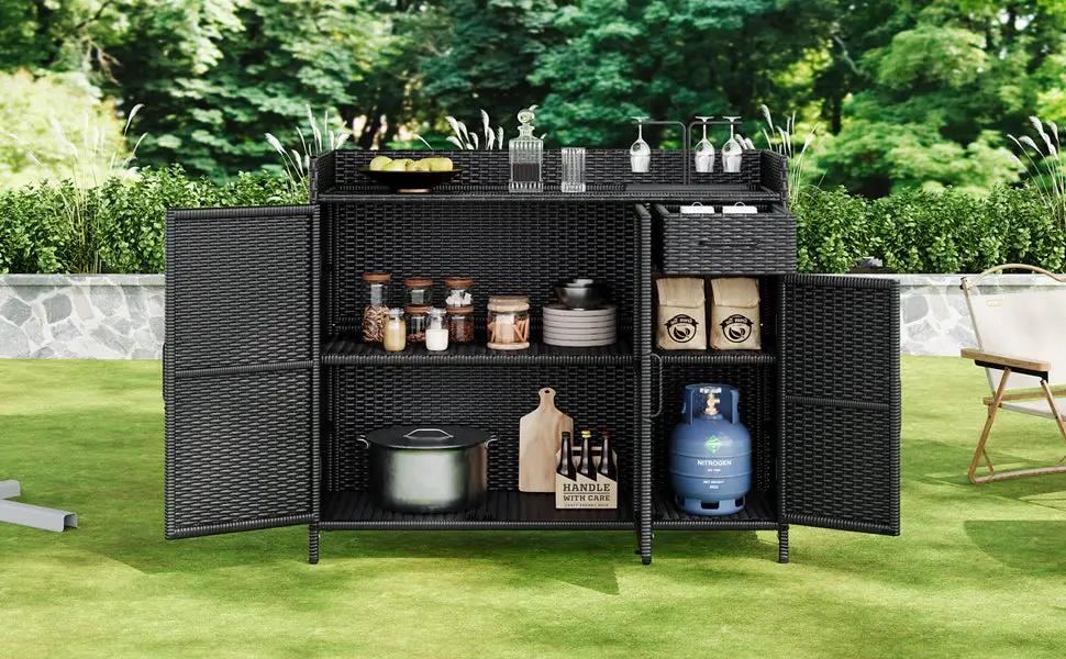K&K 47.5"W Wicker Outdoor Storage Cabinet with Tempered Glass Top by HouseOfZazla