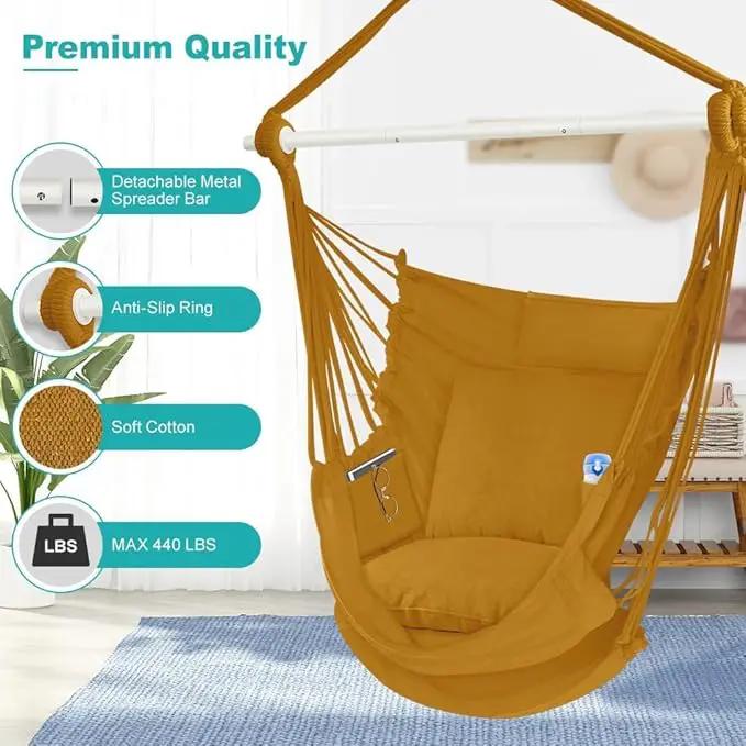 Outerman Hammock Chair, Hanging Chair with 3 Cushions and Foot Rest Support, Sturdy Metal Spreader Bar Max 500Lbs, Swing Chair for Bedroom, Indoor & Outdoor, Patio, Porch or Tree（Khaki） by GreenHaven Gardens