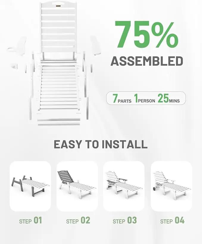 Lounge Chair Outdoor, Chaise Lounge Outdoor, HDPE 6-Position Lounge Chair for Outside, Patio Lounge Chair with Wheels & Cup Holder for Pool Poolside Deck Backyard, White by GreenHaven Gardens