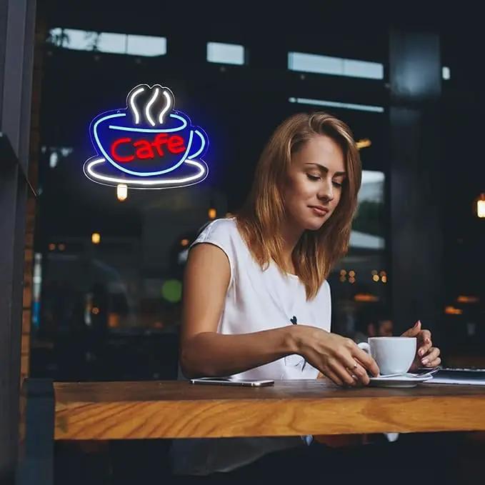 Cafe Neon Sign for Coffee Bar Pub Decor,Blue Wall Art Decoration For Restaurant Living room,Led Light of Cafe,USB Power Supply With Metal Chain. by GreenHaven Gardens
