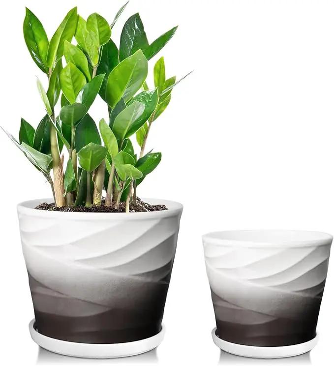 Ceramic Plant Pots,6.7 + 5.5 Inch,Set of 2,Planters with Drainage Hole and Saucer,Flower pots for Indoor Plants,Modern Design(Dark Gray+White) by GreenHaven Gardens