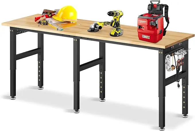 84” Adjustable Height Workbench, 5000 LBS Heavy Duty Table Rubber Wood Workstation with Power Outlet & Pegboard for Garage, Office, Workshop, Home,Commercial by GreenHaven Gardens