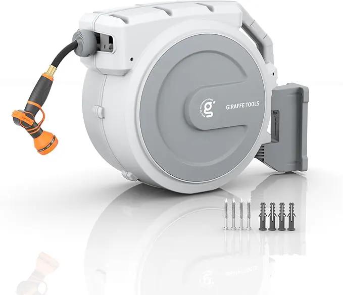 Giraffe Tools Retractable Garden Hose Reel, 5/8 in x 90 ft Heavy Duty Hose Reel With 9 Pattern Nozzle, Any Length Lock, Wall Mount Water Hose Reel, 180°Swivel, Light Grey by GreenHaven Gardens