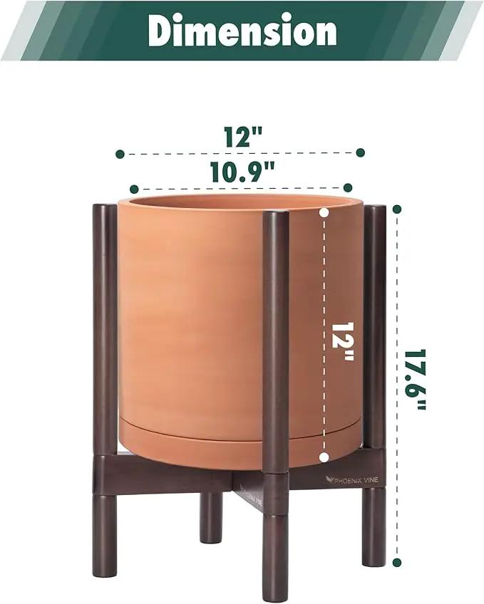 D'vine Dev Terracotta Planter with Walnut Color Stand - 12 Inch Modern Round Flower Pot with Wood Planter Holder, Terracotta, 55-B-W-5 by GreenHaven Gardens
