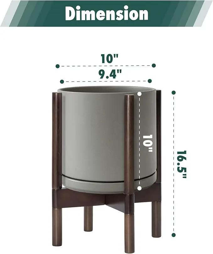 D'vine Dev Ceramic Planter with Walnut Color Stand - 10 Inch Modern Round Flower Pot with Wood Planter Holder, Grey, 55-B-X-3 by GreenHaven Gardens