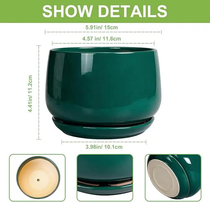 G EPGardening 6 Inch Plant Pot - Ceramic Planter for Indoor Plants, Round Planter with Drainage and Ceramic Tray, Flower Pots for Outdoor, Modern House Decor, Gift for Men Women, Green by GreenHaven Gardens