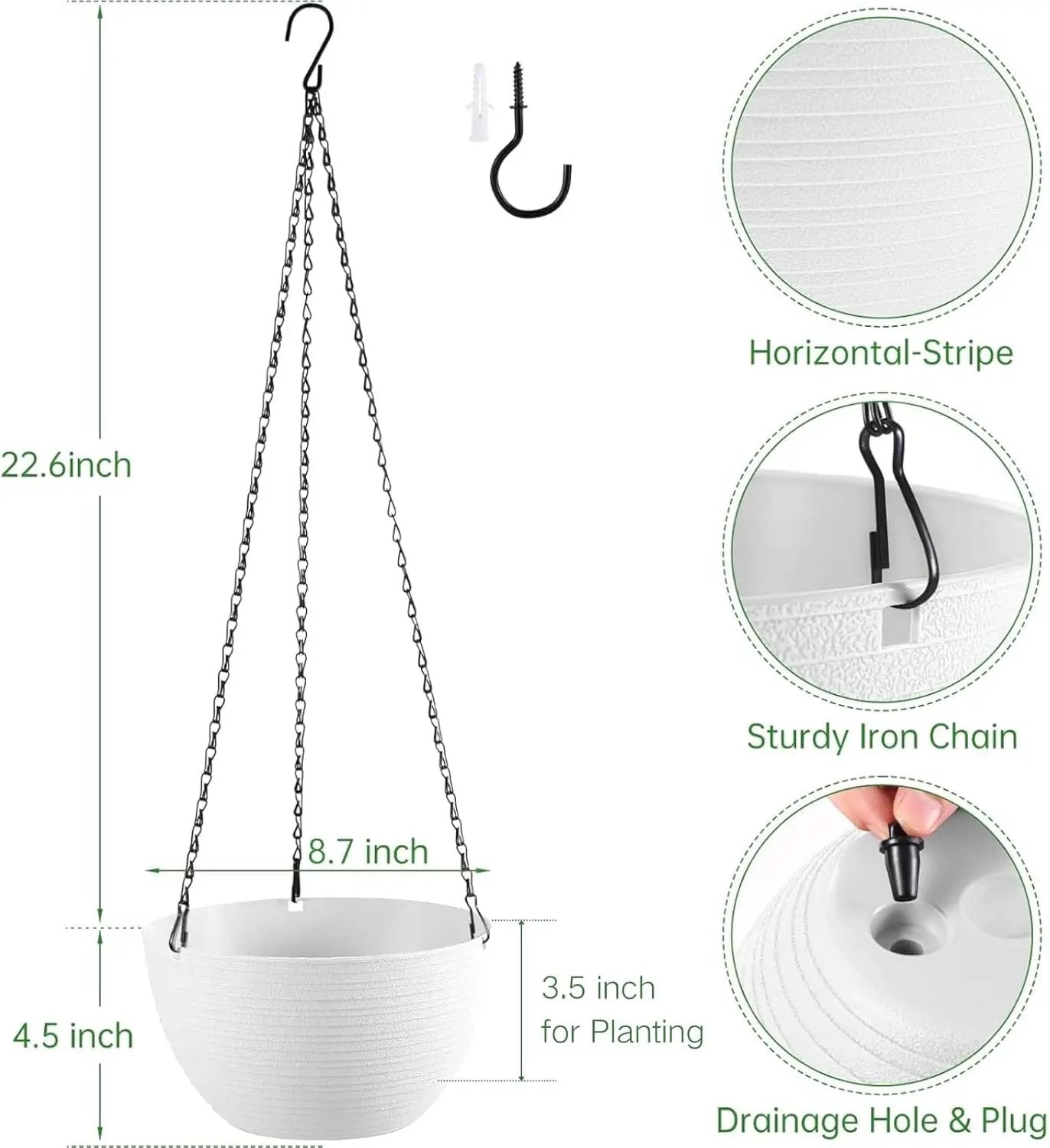 Hanging Planters for Indoor Outdoor Plants, Set of 2 Self Watering Hanging Pots with Drainage Hole & Plug and 20" Chain & Hooks by GreenHaven Gardens