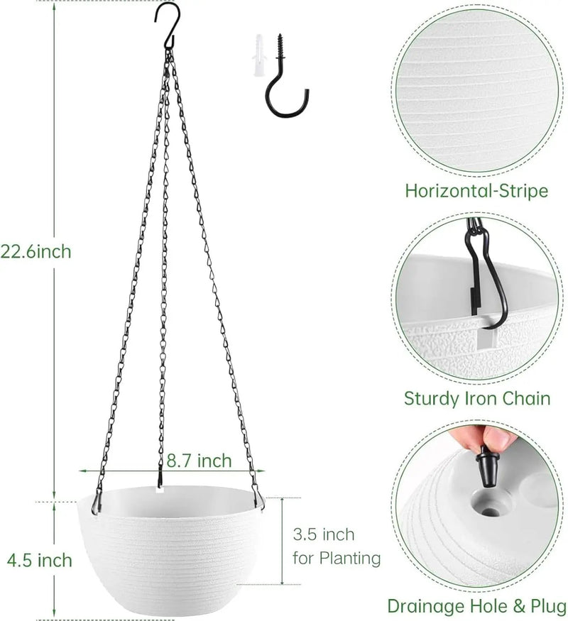 Hanging Planters for Indoor Outdoor Plants, Set of 2 Self Watering Hanging Pots with Drainage Hole & Plug and 20" Chain & Hooks by GreenHaven Gardens