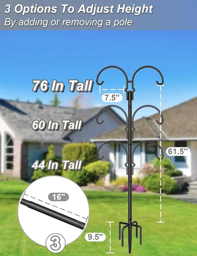 Outdoor Double Shepherds Hook with 5 Prong Base, 76 Inch Adjustable Heavy Duty Two Sided Bird Feeder Pole Stand for Hanging Plant Baskets, Solar Light Lanterns, Hummingbird Feeder, 2 Pack by GreenHaven Gardens