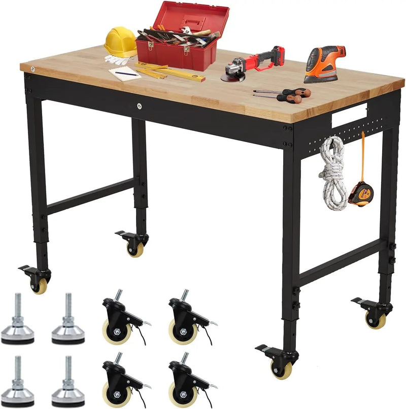 48'' Adjustable Workbench, Heavy Duty Workbench with Power Outlet and Lockable Wheels, 2000 LBS Capacity, Work Table Suitable for Office, Garage, Workshop by GreenHaven Gardens