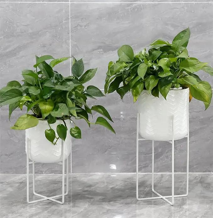 TRIROCKS Set of 2 Planters with Stand Indoor Outdoor Metal Plant Stand 18 &12" Tall Modern Planters Flower Pots for Living Room Corner Kitchen Office Garden Balcony Patio Decor(White) by GreenHaven Gardens
