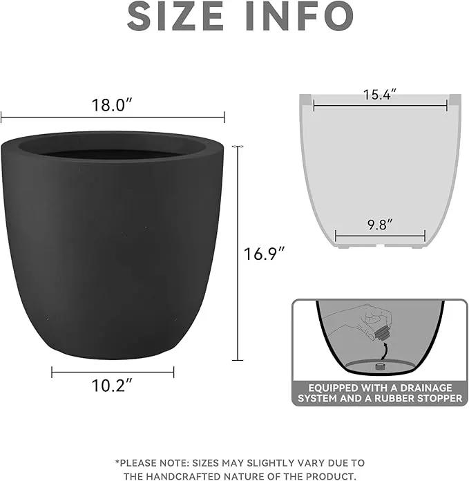 Kante 18 Inch Dia Round Concrete Planter, Indoor Outdoor Large Plant Pot with Drainage Hole and Rubber Plug for Home Patio Garden, Black by GreenHaven Gardens