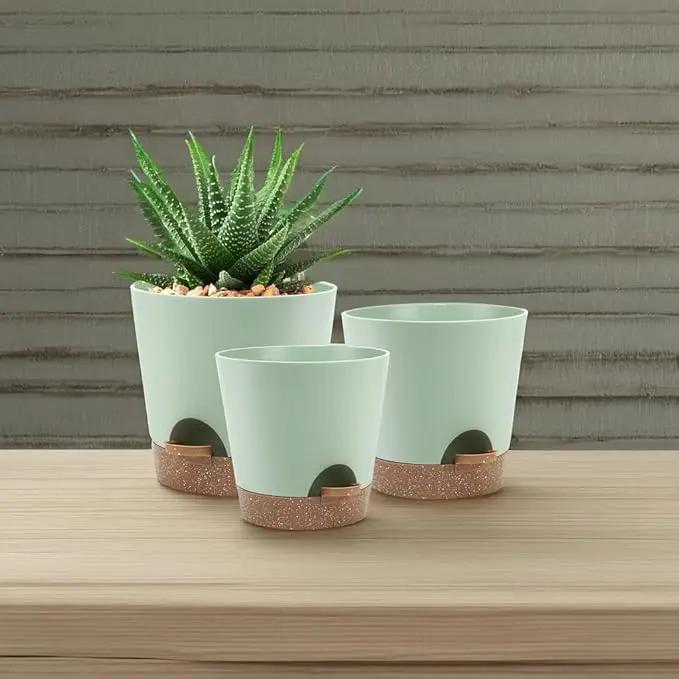 Indoor Self Watering Planters with Drainage Holes and Saucers, 9,8, 7.5 Inches, Green, 3 Pots (Springgreen) by GreenHaven Gardens