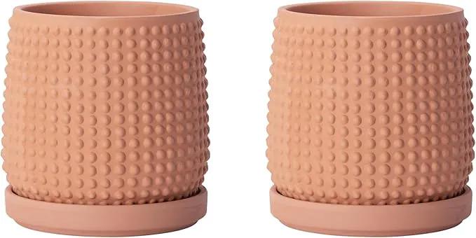 D'vine Dev Set of 2 Ceramic Plants Pots, 4 Inch Beaded Stoneware Flower Pot for Plants with Drainage Hole and Saucer, Terracotta, 27-E-Z-7 by GreenHaven Gardens