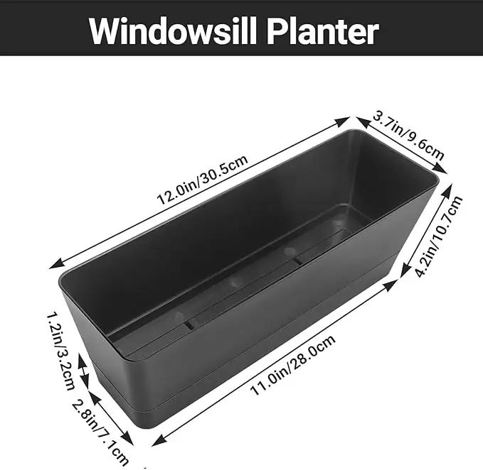 GREANER 12x3.8 Inch Herb Planters, 1 Pack Rectangle Window Boxes with Tray, Indoor Succulent Cactus Mint Plastic Pot for Windowsill, Balcony, Office, Outdoor Garden - Black by GreenHaven Gardens