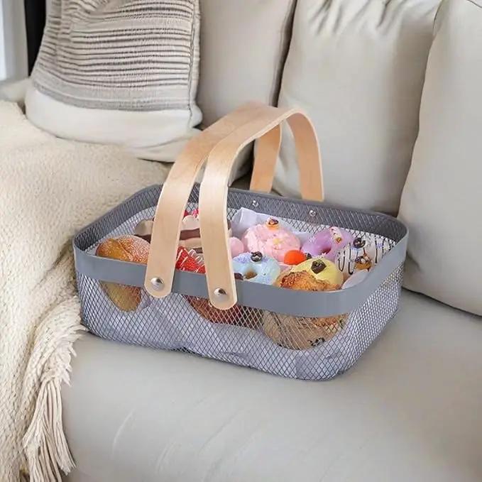 Metal Mesh Steel Basket, Storage Organizer Basket Garden Harvest Basket Multi-functional Kitchen Fruit Baskets Bin with Wooden Handle for Bathroom Picnic Shopping Decor Cabinet Home, Grey by GreenHaven Gardens