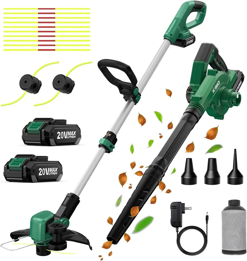 KIMO 20V Weed Wacker and Blower Combo w/2 x 2.0Ah Battery & Charger, 12 Inch String Trimmer w/10Pcs Cutting Lines, 4-in-1 Leaf Blower Cordless w/Vacuum, 3 Nozzles & 20" Extended Tube for Yard, Garden by GreenHaven Gardens