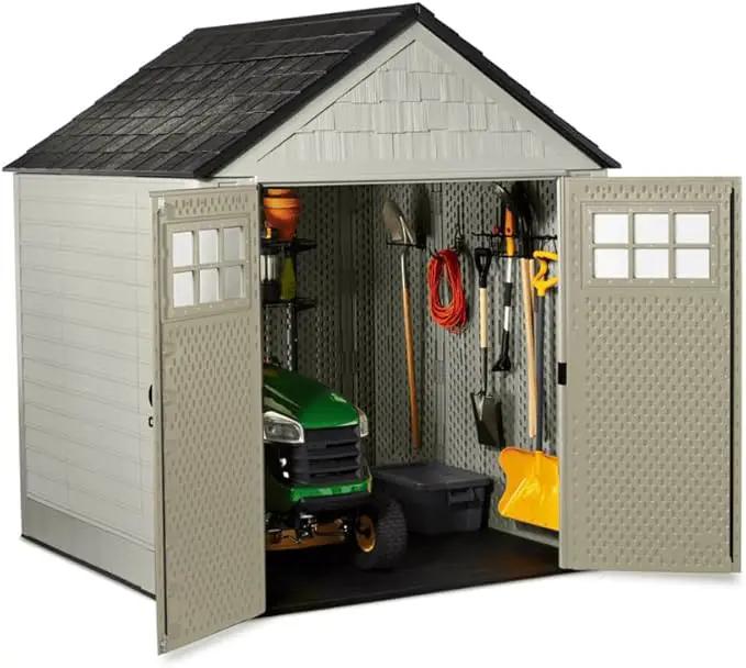 Rubbermaid 7 Foot by 7 Foot Weatherproof Outdoor Storage Shed for Garden Tools and Lawn Machinery Organization with Lockable Double Door Sandstone by GreenHaven Gardens