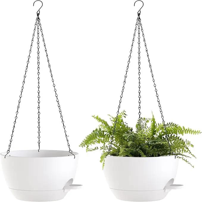 12 Inch Hanging Baskets 2 PC with Chains, Self-Watering Hanging Planters for Indoor Outdoor Plants, Plastic Hanging Flower Pots,White by GreenHaven Gardens