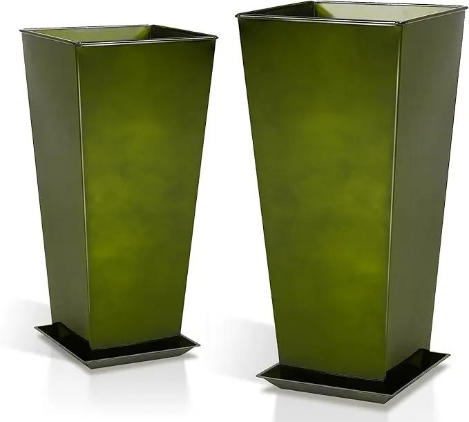WORTH Garden Large Metal Glazed Planter Set of 2 (25" + 28"), Luxurious Glossy Finish Green Tall Square Tapered Steel Plant Pot, Decor Flower Pot Indoor & Outdoor, Drainage Hole & Dual-Purpose Saucer by GreenHaven Gardens