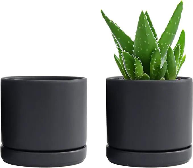D'vine Dev Set of 2 Plants Pot, 4.6 Inch Ceramic Planter Pot for Plants with Drainage Hole and Saucer, Black, 94-V-B-2 by GreenHaven Gardens