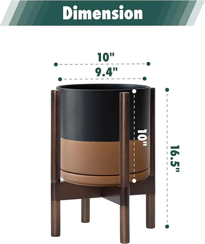 D'vine Dev Ceramic Planter with Walnut Color Stand - 10 Inch Modern Round Flower Pot with Wood Planter Holder, Black/Speckled Tan, 55-B-X-7 by GreenHaven Gardens