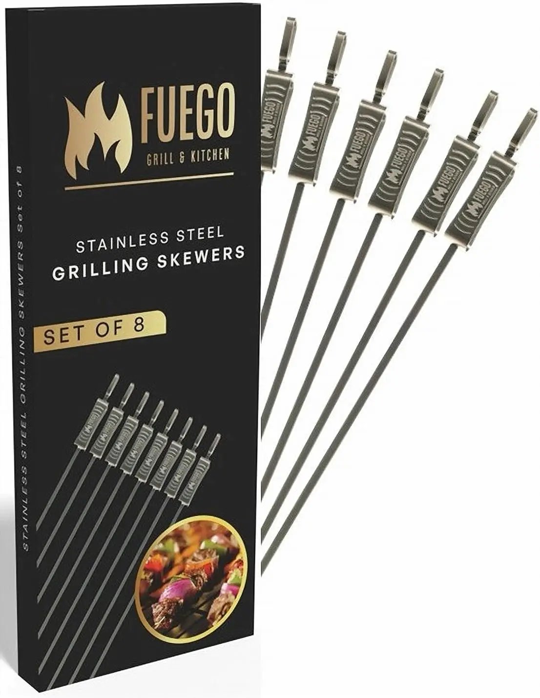 Fuego Skewers for Grilling - 17" Stainless Steel Flat Blade with Push Slider | Reusable & Dishwasher Safe | BBQ Skewers and Shish Kabob | Set of 8 by GreenHaven Gardens