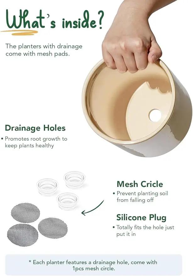LE TAUCI Ceramic Plant Pots Indoor, 10+8+6 Inch Planters for Indoor Plants, Mid-Century Modern Flower Pots with Drainage Hole and Plug, Cylinder Round Planters, Set of 3, Cloud Cream by GreenHaven Gardens