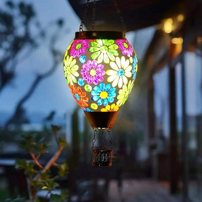 Starsoul Mosaic Flowers Hot Air Balloon Solar Lantern Glass Outdoor Hanging Hot Air Balloon Solar Flickering Flame Light Waterproof Garden Patio Yard Party Decorations by GreenHaven Gardens