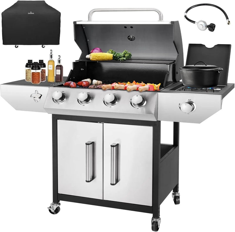 4-Burner Propane Gas BBQ Grill with Side Burner, 53,000 BTU Output with Enameled Cast Iron Grates for Patio Garden Barbecue, Stainless Steel by GreenHaven Gardens