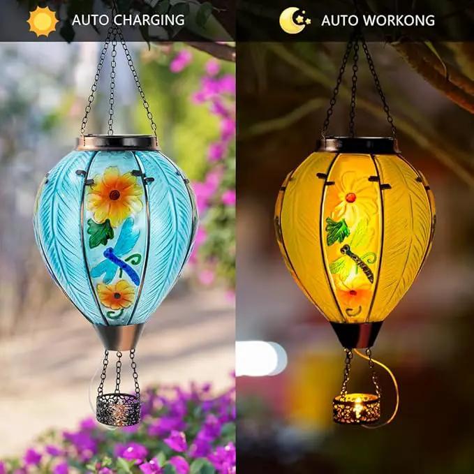 Starsoul Large Solar Hot Air Balloon Lantern with Flame Dragonfly Glass Hanging Outdoor Hot Air Balloon Solar Light Waterproof Garden Patio Yard Party Decorations by GreenHaven Gardens