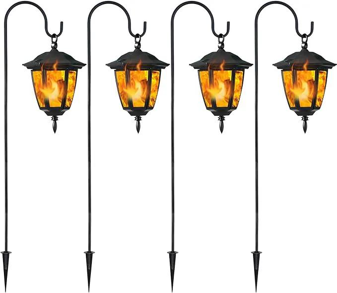 Dynaming 4 Pack Solar Flame Hanging Lights Outdoor, Solar Flickering Flame LED Garden Lanterns with 4 x 38 Inch Shepherd Hooks, Landscape Lighting Waterproof for Lawn Patio Yard Pathway Driveway by GreenHaven Gardens