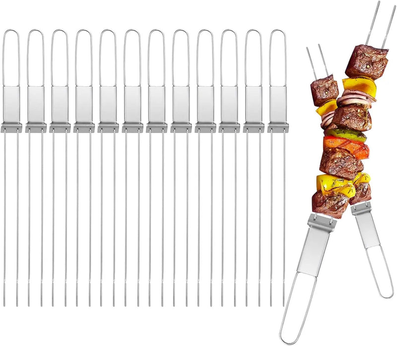 13inch 12(packs) Double Fork Flat Stainless Steel BBQ Skewers with Push Bar, Reusable Skewers for Grilling Kabob Skewer for Meat, Vegetable, BBQ Accessories by GreenHaven Gardens