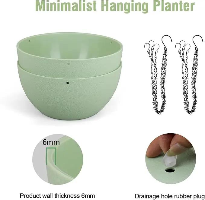 10 inch Hanging Planters Plant Pots for Indoor Outdoor Plants, 2 Pack Hanging Flower Pots with Drainage Holes and Chain for Garden Porch, Plastic Hanging Baskets for House Plants, Green by GreenHaven Gardens