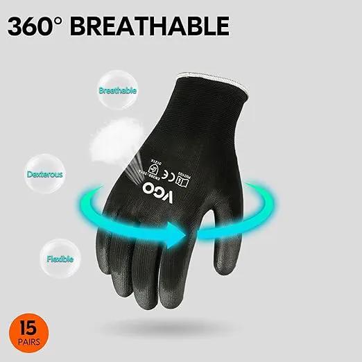 Vgo... 15-Pairs Safety Work Gloves, Gardening Gloves, Polyurethane Coated, Dipping Gloves, Latex Free (Size L, Black, PU2103) by GreenHaven Gardens
